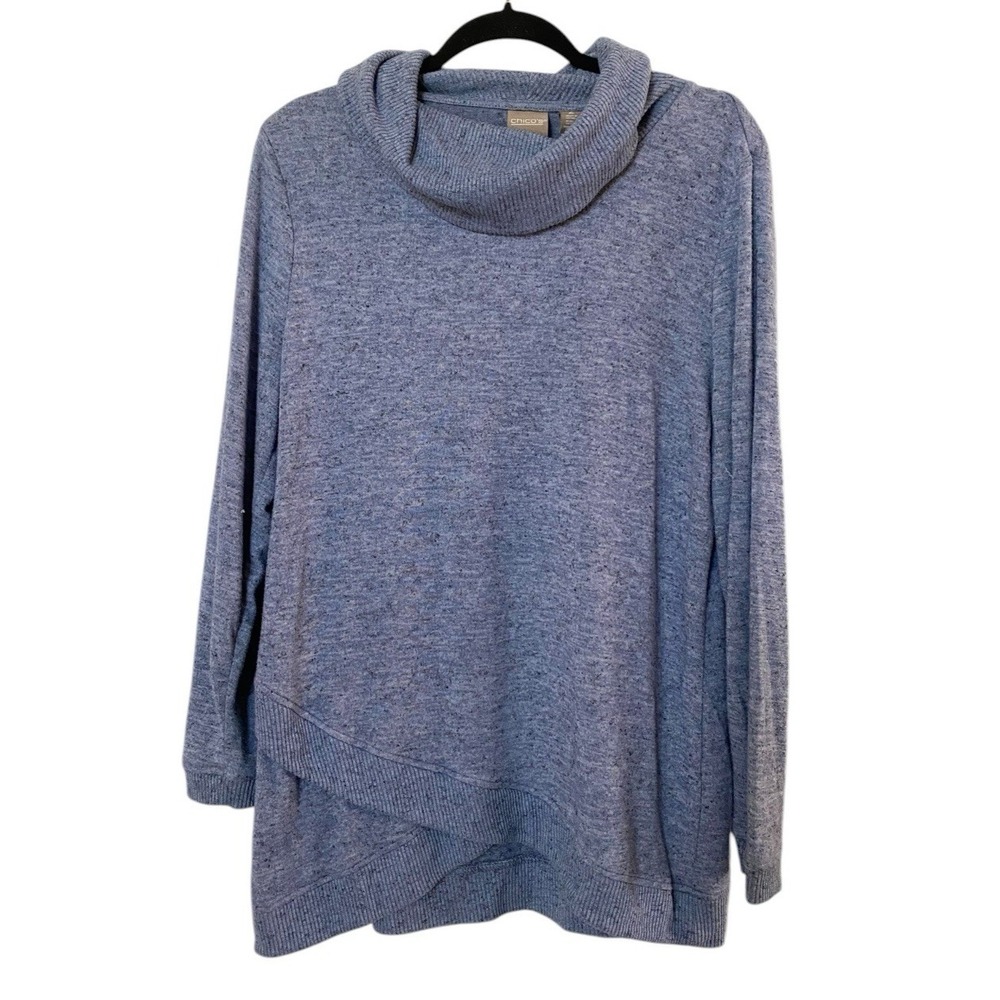 Chicos Womens Sky Blue Tunic Cowl Neck Sweater Crisscross Waist Trim Size Large
